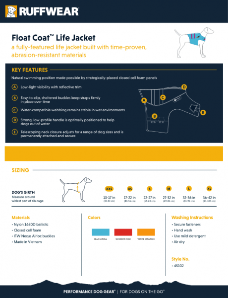 Ruffwear Float Coat Schimmweste für Hunde Wave Orange Gr. XXS Ruffwear Float Coat Schimmweste für Hunde Wave Orange Gr. XXS